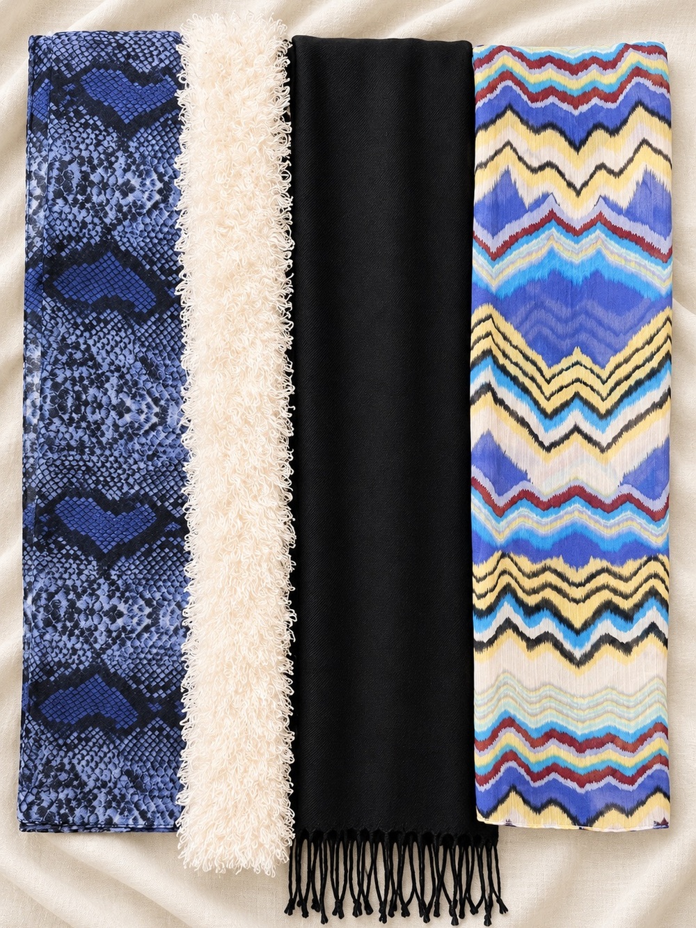 4 Piece Blue, Black & Ivory Statement Scarf Collection